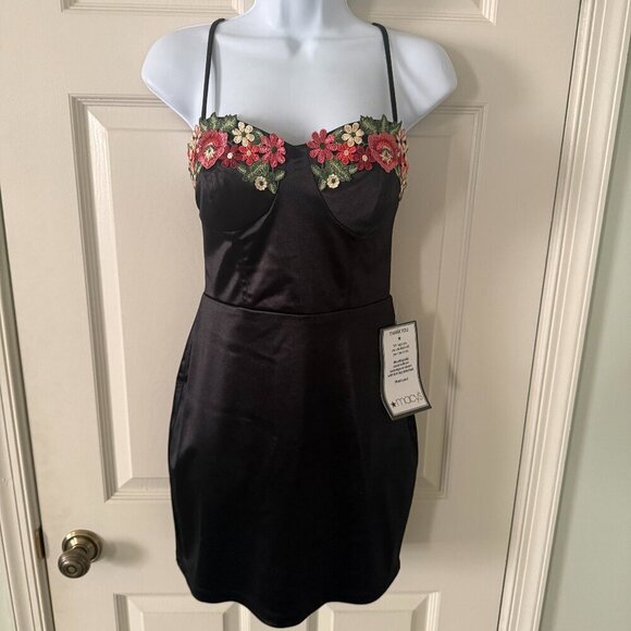 Macy’s Black Satin Floral Appliqué Mini Dress - XS - Picture 1 of 6